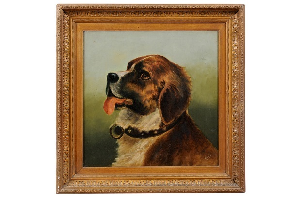  French Framed Oil on Canvas Painting of a Sternard Dog, Signed E. Kirk