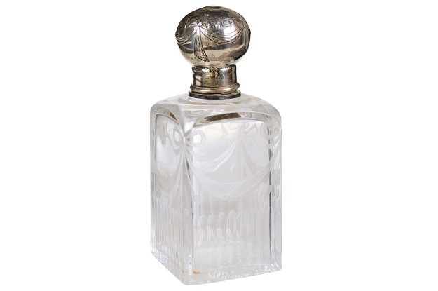 SOLD - English Victorian Period 19th Century Etched Glass Vanity Bottle with Silver Lid
