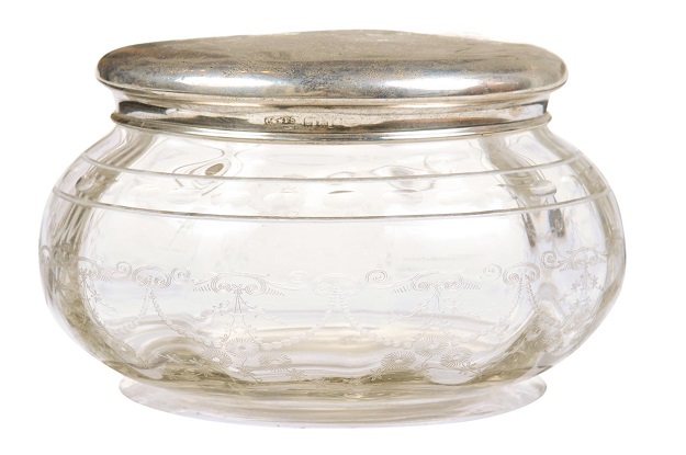English Victorian 19th Century Glass and Silver Vanity Jar with Etched Design