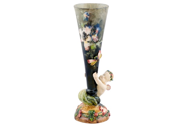 French 19th Century Majolica Flower Vase from Montigny-sur-Loing with Cherub
