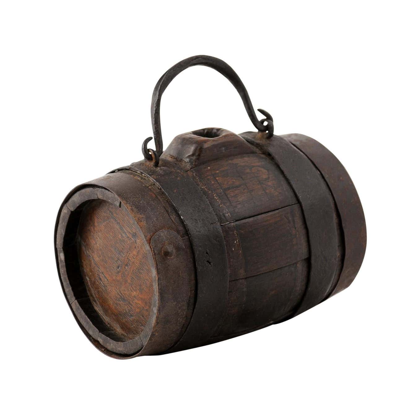 Rustic French 19th Century Petite Decorative Barrel with Iron Handle and Braces