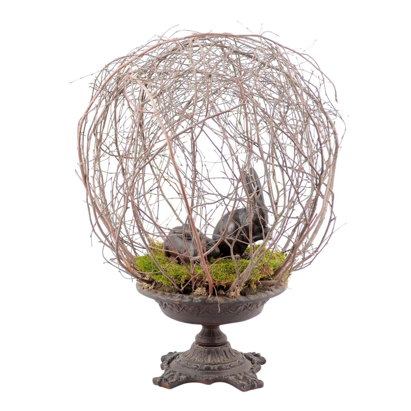French 19th Century Twig Sculpture with Two Bunnies and Circular Iron Base