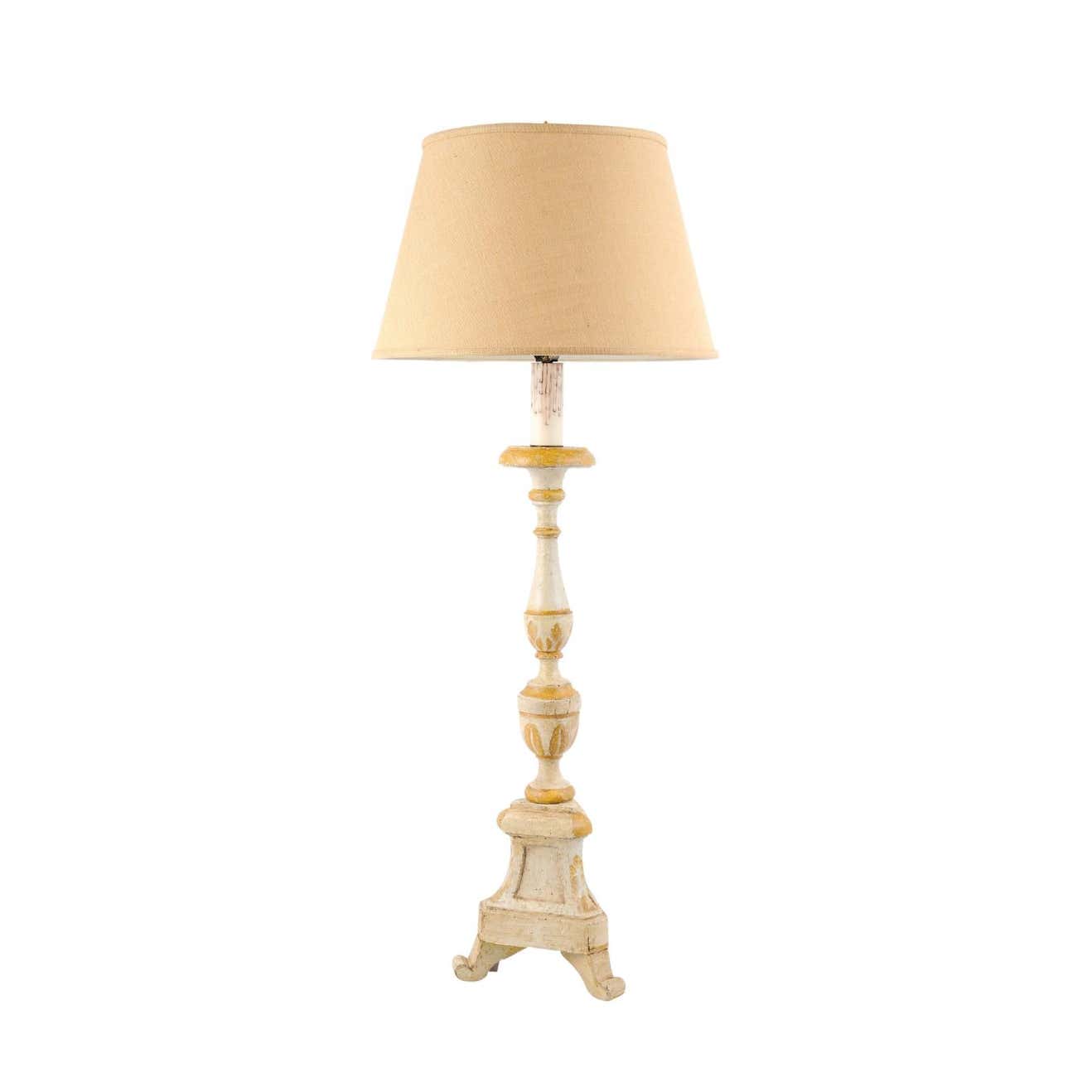 French 19th Century Painted and Carved Candlestick Mounted as a Table Lamp