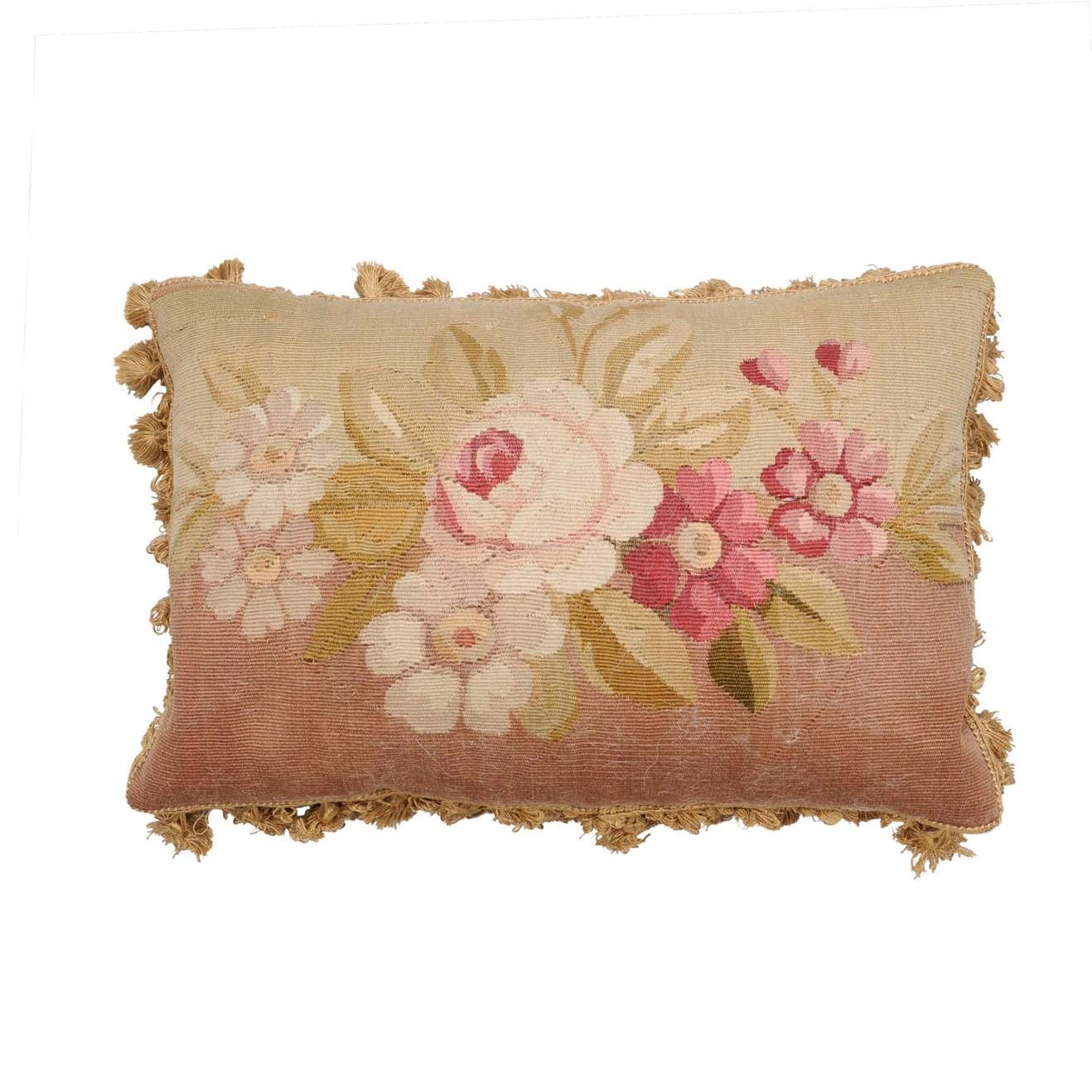 French Horizontal 19th Century Aubusson Tapestry Floral Pillow with Tassels