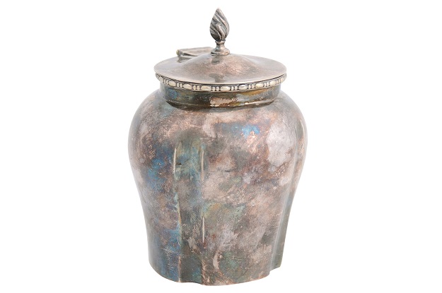 Petite English Electroplated Nickel on Silver Lidded Container with Flame Finial