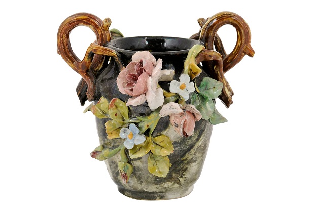 French 19th Century Barbotine Vase with High Relief Pastel Flowers and Handles