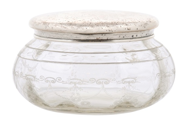 Small English 1920s Glass Vanity Jar with Incised Silver Lid and Etched Design