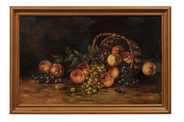19th Century American Framed Still-Life Painting Depicting Peaches and Grapes