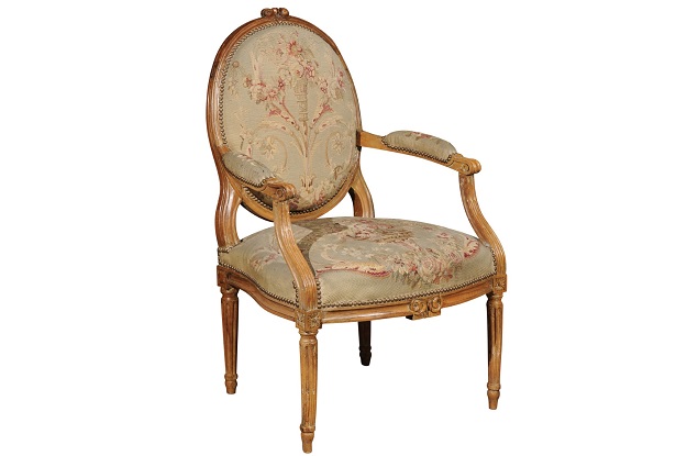 French Louis XVI Period 18th Century Armchair with Floral Tapestry Upholstery