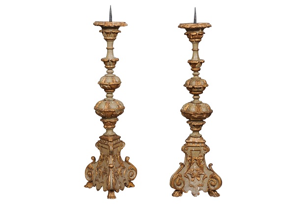 Pair of Early 19th Century French Rococo Style Carved and Painted Candlesticks