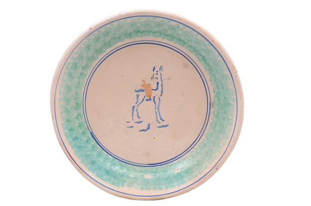 Northern Italian 1910s Pottery Platter with Blue Deer Motif and Weathered Patina