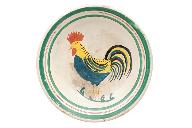 Italian Early 20th Century Pottery Bowl with Rooster Motif and Green Border