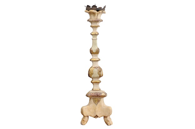 Italian 18th Century Painted Wood Candlestick from Tuscany with Gilt Accents