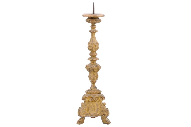 French Rococo Style Carved Giltwood Candlestick with Oval Medallion and Paw Feet