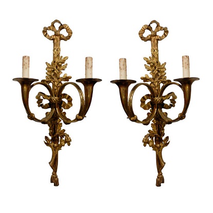 Pair of French Louis XVI Style Bronze Two-Light Sconces with Hunting Horns 