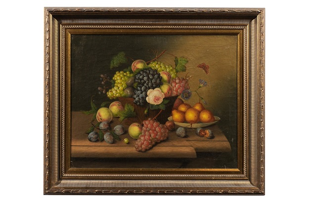 French 19th Century Framed Oil on Canvas Still-Life Painting Depicting Fruits