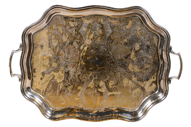 English 19th Century Silver Plate Tray with Chased Décor and Lateral Handles
