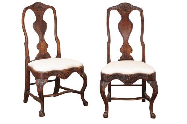 Pair of 18th Century Swedish Rococo Walnut Side Chairs with New Upholstery