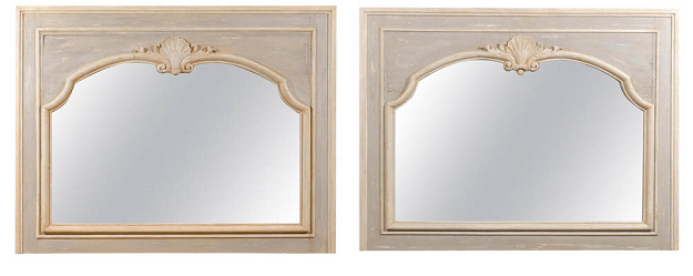 Pair of French Louis XV Style 1890s Painted Wood Horizontal Shell-Carved Mirrors      
