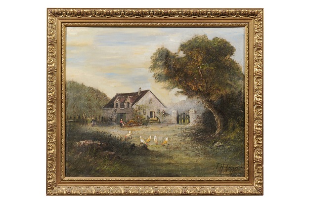 French Barbizon School Framed Oil on Canvas Pastoral Painting Signed Th. Linsyer
