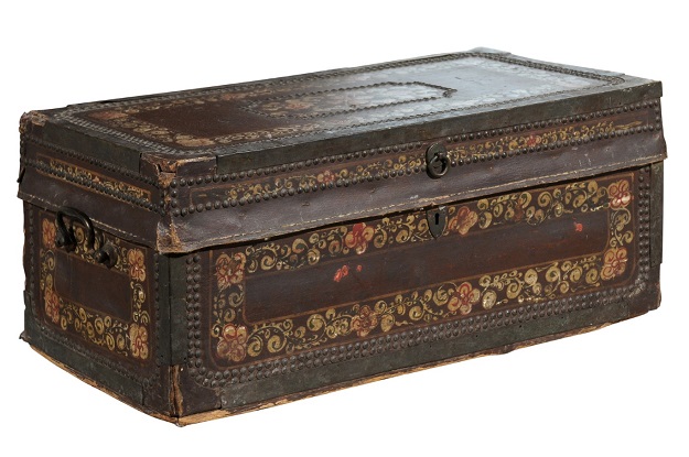 English 1815 Regency Camphor Wood and Leather Trunk with Painted Floral Decor