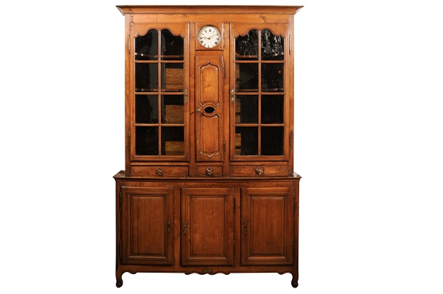 French 1800s Cherry Buffet à Deux-Corps with Glass Doors, Clock and Drawers
