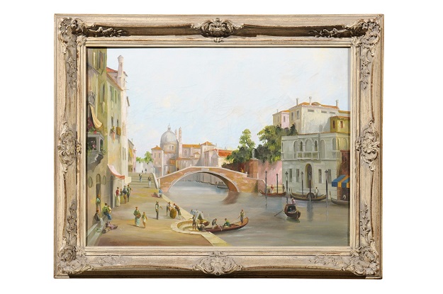 English 19th Century Oil Painting Depicting a Venetian Scene in Carved Frame