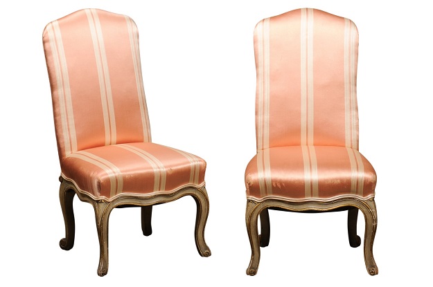 Pair of Elsie De Wolfe Louis XV Style Painted Slipper Chairs with Striped Fabric