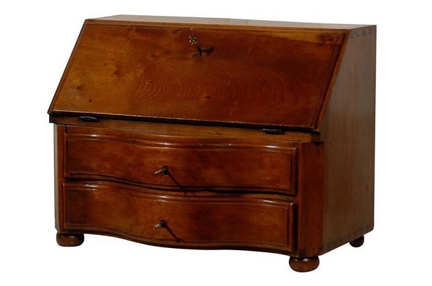 SOLD - French 1840s Miniature Walnut Slant-Front Secretary with Serpentine Drawers