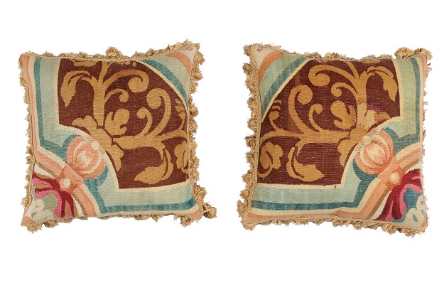 Pair of French Pillows Made of 19th Century Aubusson Tapestry with Floral Décor