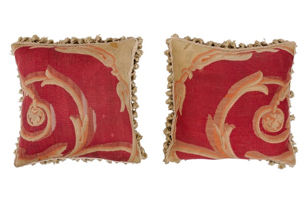 Pair of French Pillows Made of 19th Century Aubusson Tapestries with Foliage