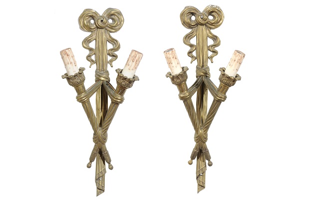 Pair of French 19th Century Bronze Two-Light Ribbon-Tied Wall Sconces, Wired