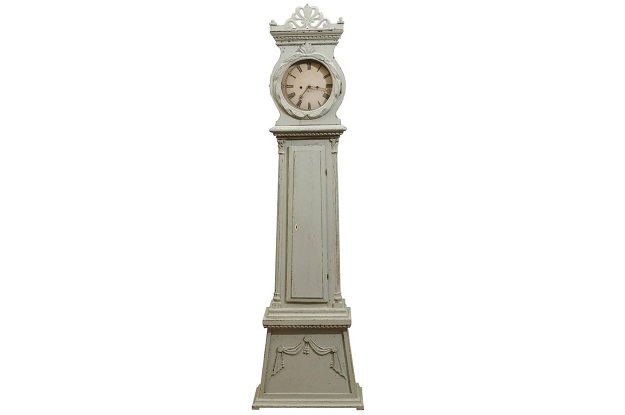 Swedish Neoclassical Style Painted Wood Longcase Clock with Carved Palmette