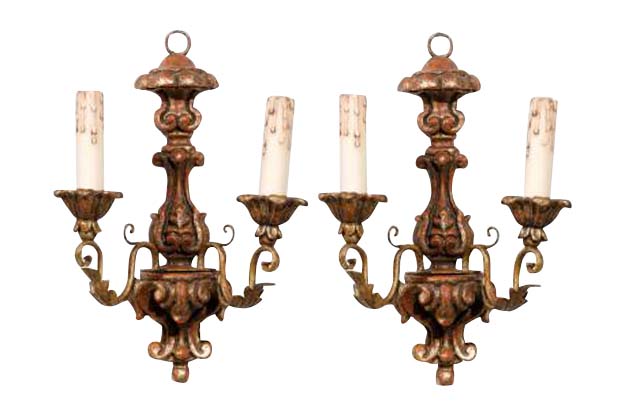 Pair of French Mid 18th Century Rococo Period Giltwood Two-Light Sconces