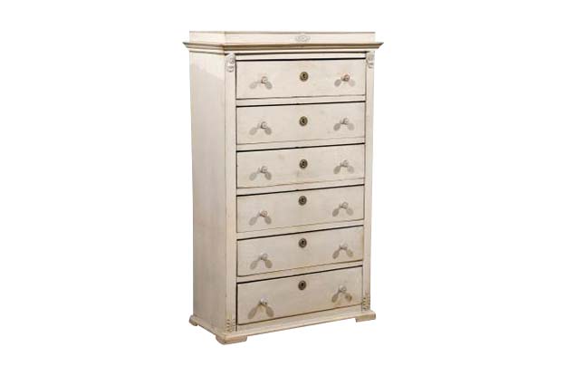 Swedish Neoclassical Style Painted Tall Chest with Carved Faces and Palmettes