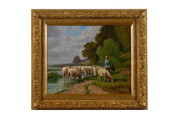 French Barbizon Painting of a Shepherd with His Herd of Sheep, Late 19th Century