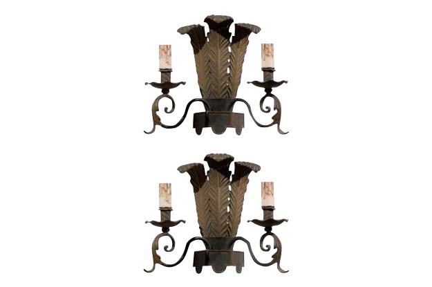 Pair of French Tôle Two-Light Sconces with Ostrich Plume Motifs, circa 1890