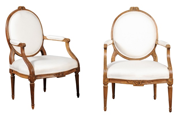 SOLD - Pair of Louis XVI Style 19th Century Oval Back Fauteuils with Floral Motifs