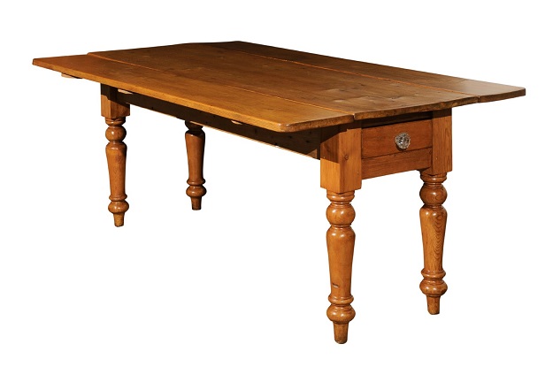 English 1875s Pine Drop Leaf Table with Two Lateral Drawers and Turned Legs