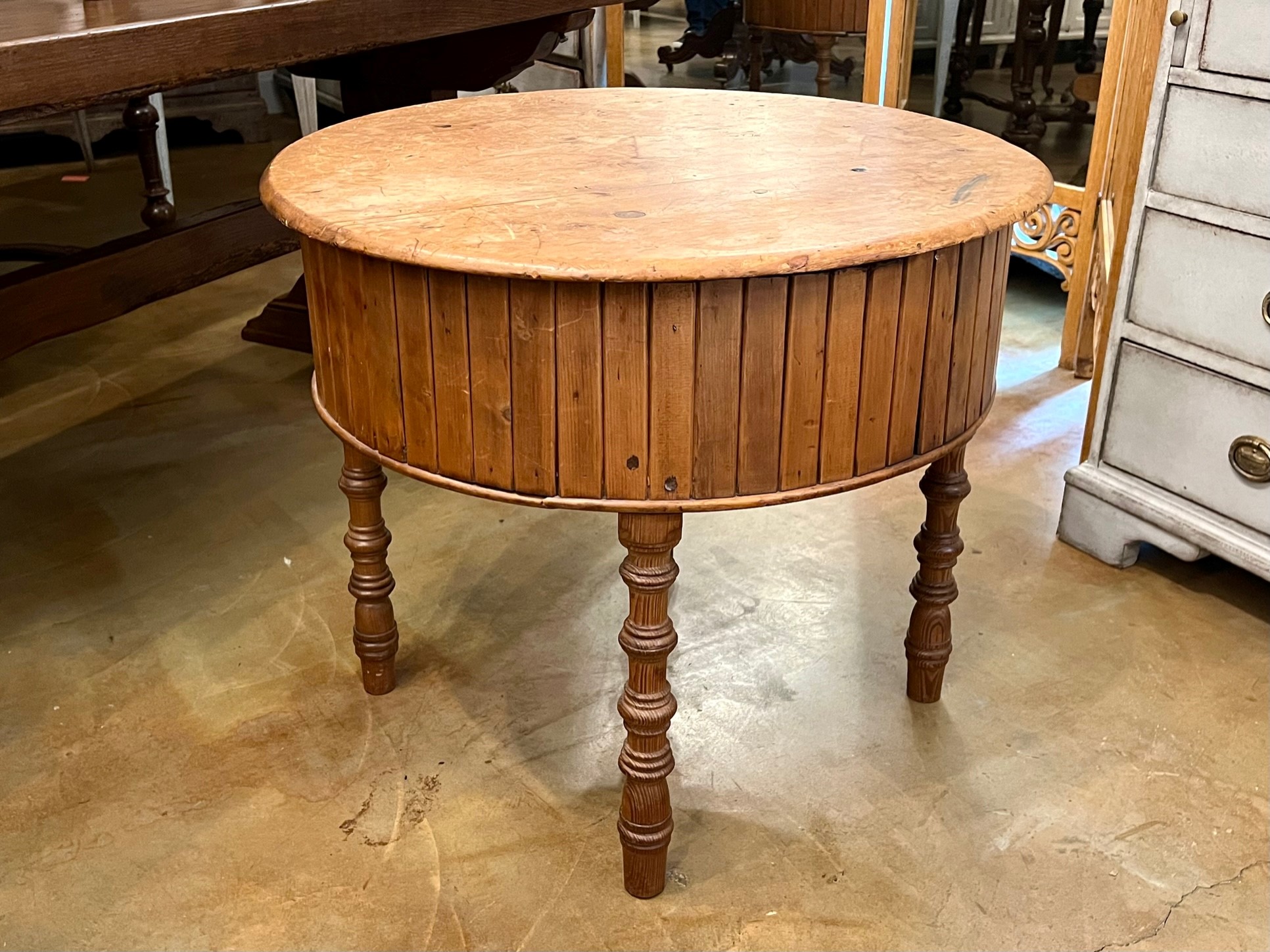 19th Century English Pine Round Drum Table - Removable Top With Metal Basin Inside