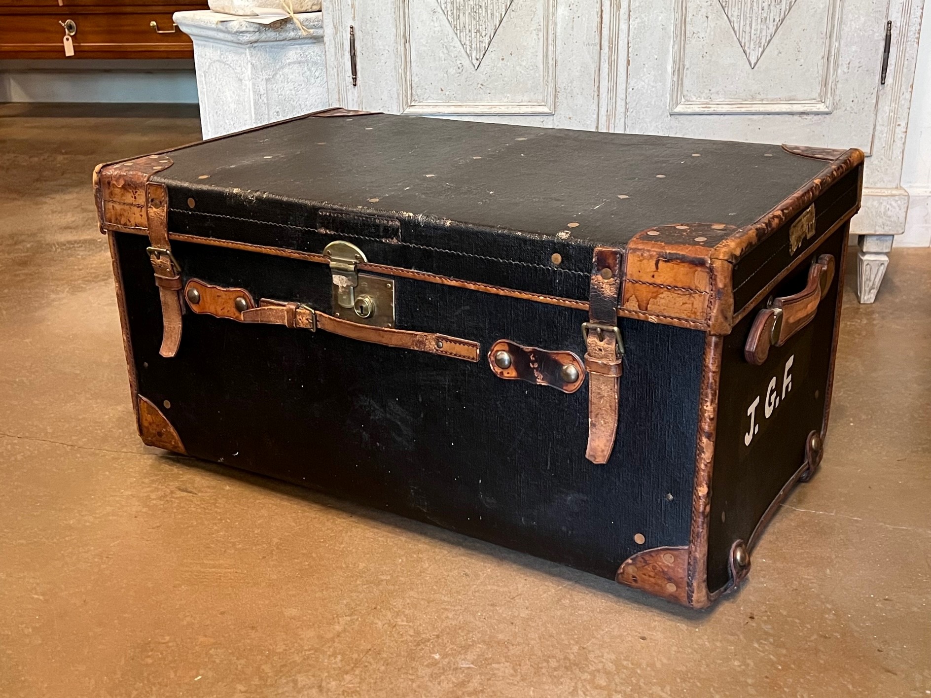 English Victorian Period 19th Century Black Traveling Trunk With Initials J.G.F.