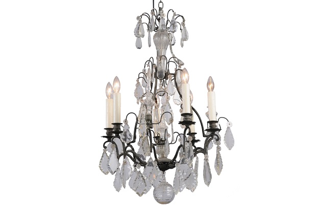 French 19th Century Crystal and Iron Six-Light Chandelier with Pendeloques
