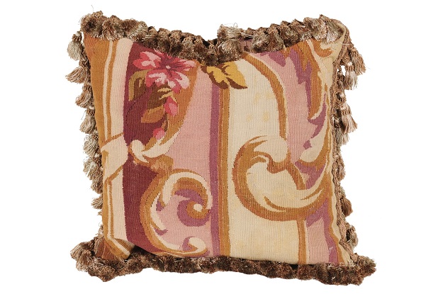 French 19th Century Aubusson Tapestry Pillow with Tassels and Floral Décor