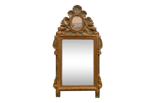 Louis XV 1760s Painted, Gilt and Carved Accent Mirror with Grisaille Harbor Scene