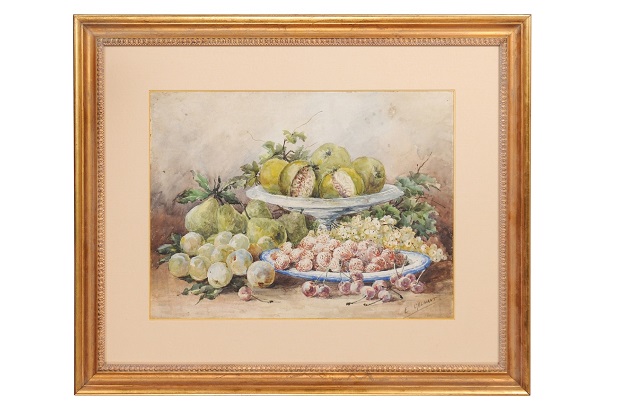French Framed 19th Century Watercolor Depicting Fruits, Signed E Calmant