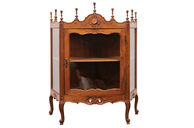 French Louis XV Style Walnut Display Cabinet with Carved Musical Instruments