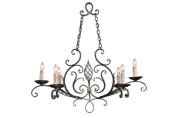 French 19th Century Six-Light Iron Chandelier with Spiral and Scrolling Arms