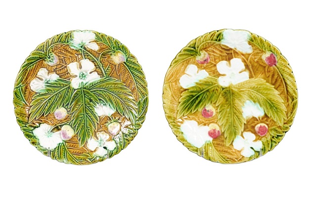 19th Century French Majolica Strawberry Plates with Floral and Foliage Decor