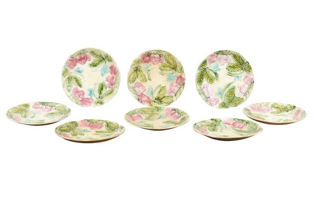French 19th Century Majolica Plates with Raised Decor of Strawberries and Leaves