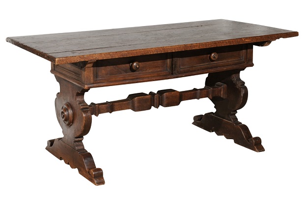 Italian Alpine Baroque Style 19th Century Walnut Table with Trestle Base
